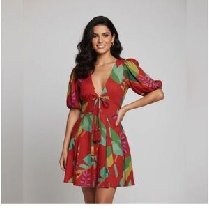 House of Harlow 1960 Linen Blend Printed Mini Dress Puff Sleeve Tie Front